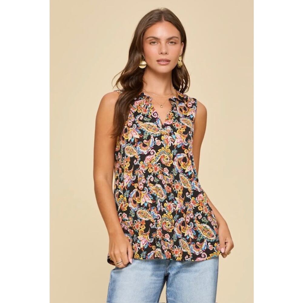 Dear Scarlett - Lizzy Paisley High Contrast Print Sleeveless Top - Small